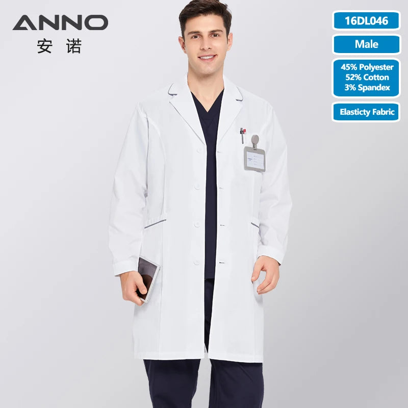 ANNO Long Sleeve Lab Uniforms With Spandex Elastic Work Out Wear Pharmacy Coat Chemistry Male Female White Doctor Gown 16DL046-Male