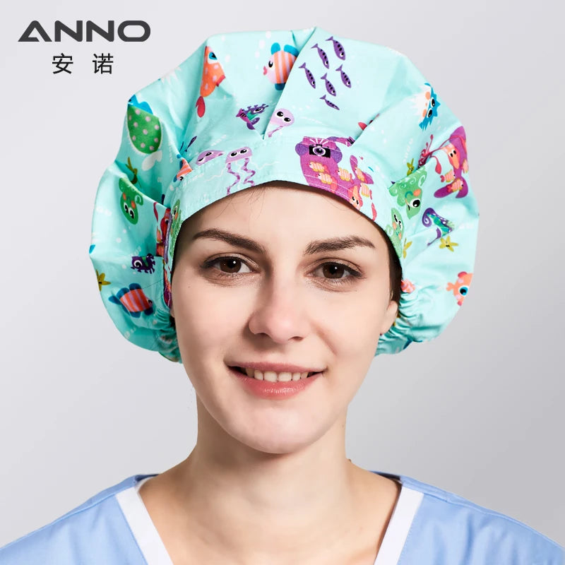 ANNO Cotton Caps Women Hospital Doctor Nurse Work Hats Bouffant Nursing Cap with Sweatband Long Hair Head Wear Chlorine Bleach 01A-B32