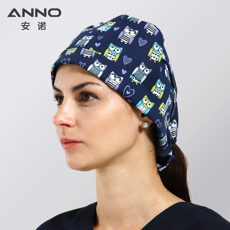 ANNO Cotton Scrub Caps Women Hospital Doctor Nurse Work Hats Nursing Cap Short or Long Hair Head Wear Animal Carton Print 01B-B30