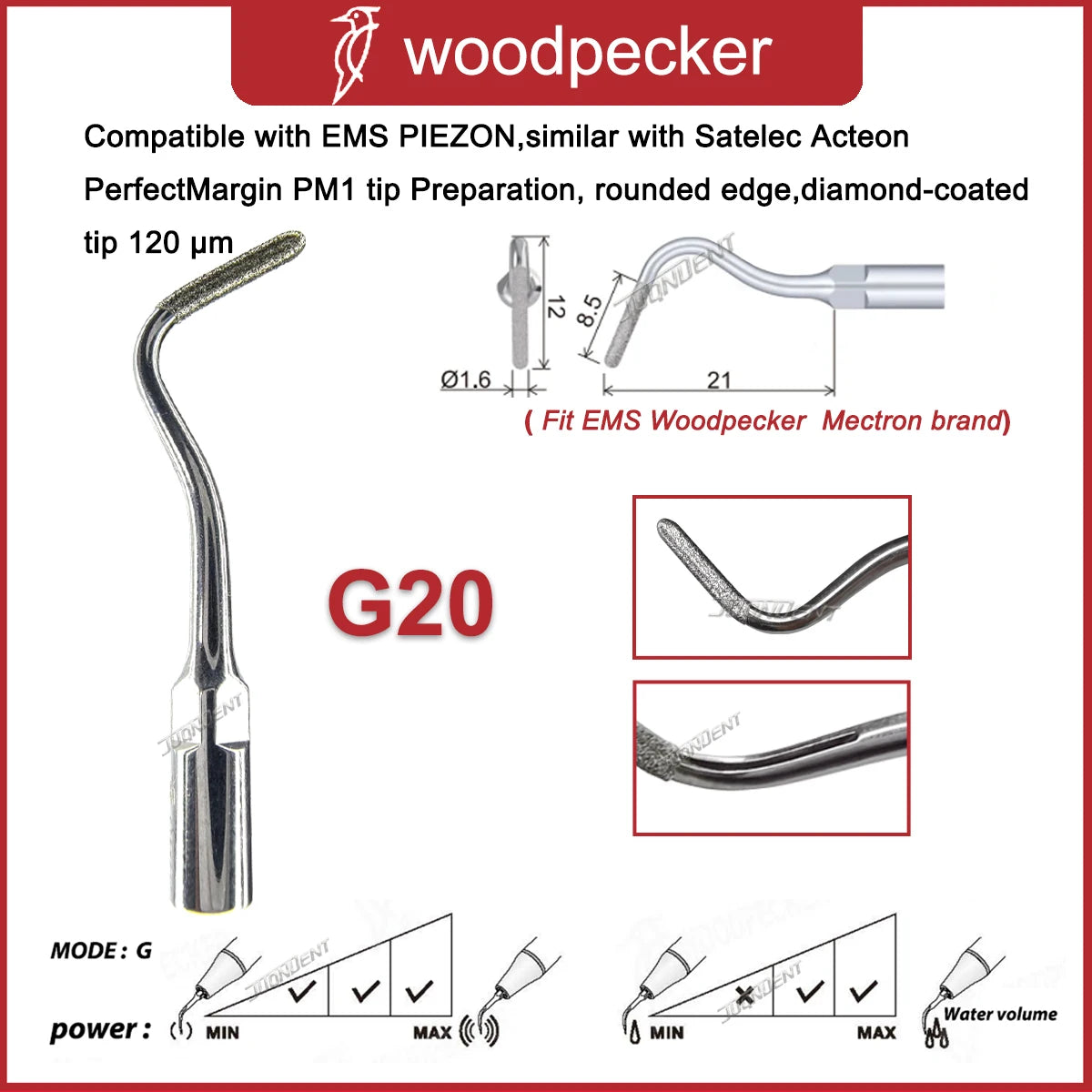 Original Woodpecker Scaler Tips Dental Ultrasonic Scaling Tip With Diamond G20 G21 Fit EMS Mectron Scaler Handpieces G20 Scaler Tips