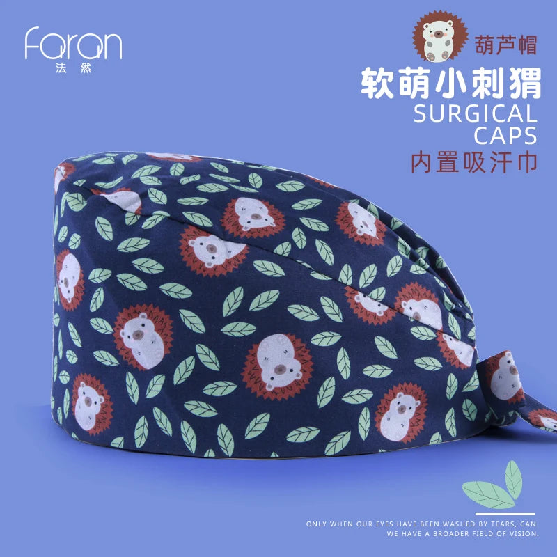 Faran Cotton Scrub Caps Women Men Dentist Hospital Doctor Work Surgical Hats Nursing Head Dress for Men Animal Carton Print FRH01-X066