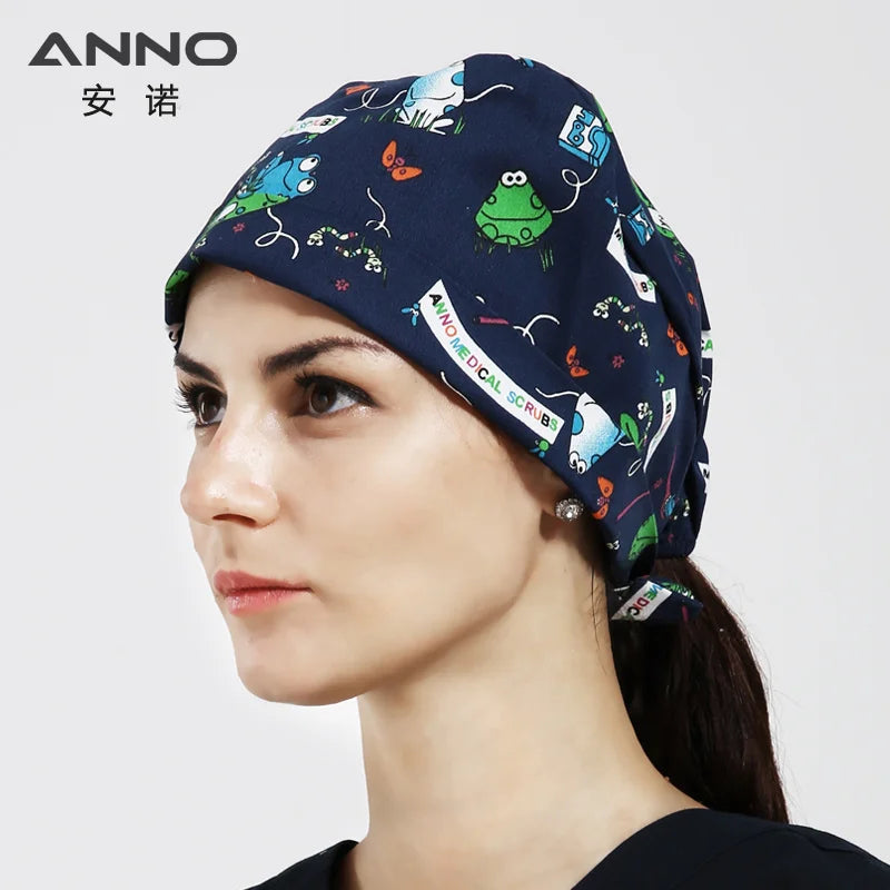 ANNO Cotton Scrub Caps Women Hospital Doctor Nurse Work Hats Nursing Cap Short or Long Hair Head Wear Animal Carton Print 01B-B27