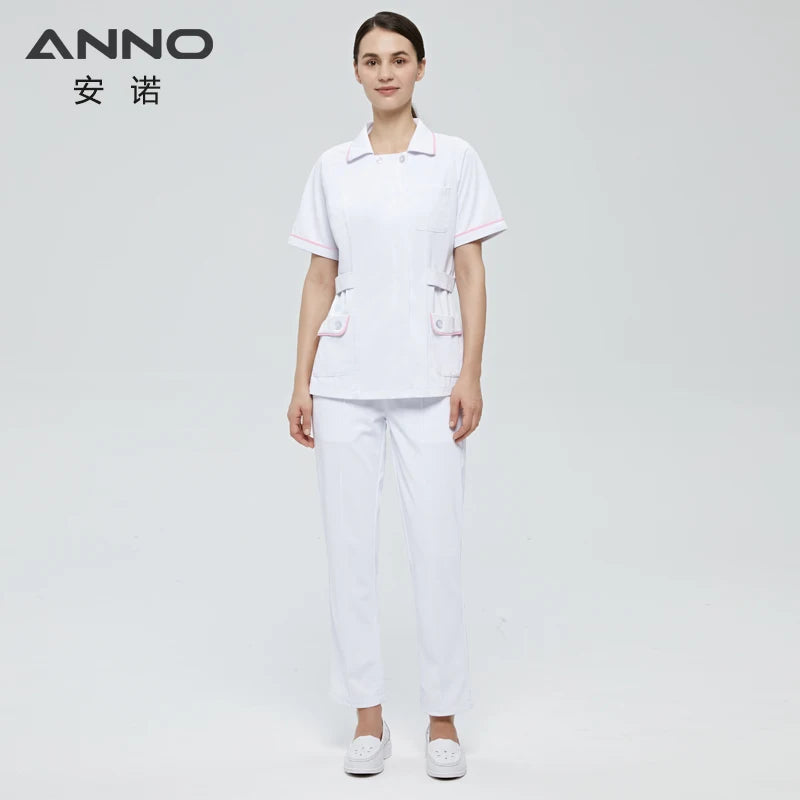 ANNO Pink White Nurse Uniform Set Antibacterial Anti-static Nursing Tunic Slim Fi Caregiver Coveralls Hospital Staff Suits White-Set