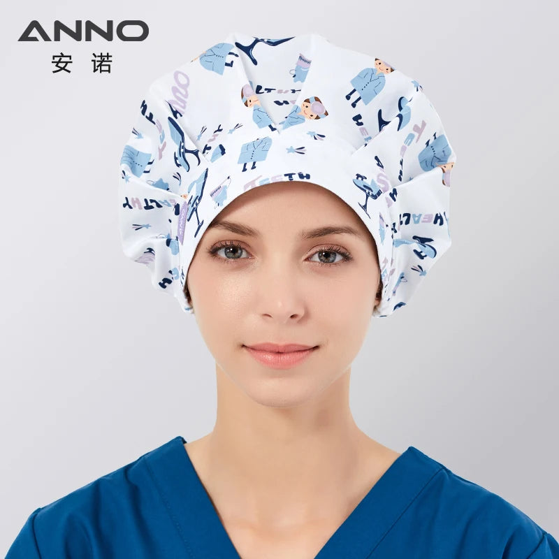 ANNO Cotton Caps Women Hospital Doctor Nurse Work Hats Bouffant Nursing Cap with Sweatband Long Hair Head Wear Chlorine Bleach 01A-B106