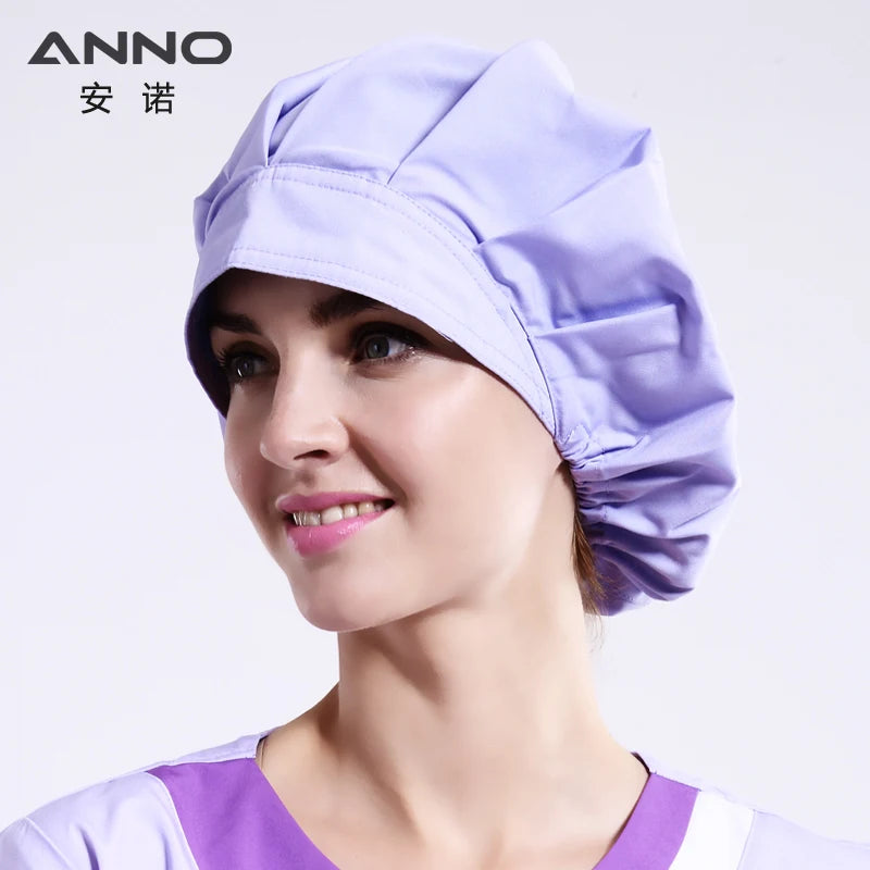 ANNO Solid Color Scrubs Caps Women Hospital Doctor Nurse Work Hats Bouffant Nursing Cap with Sweatband Long Hair Head Dress 01A-A01