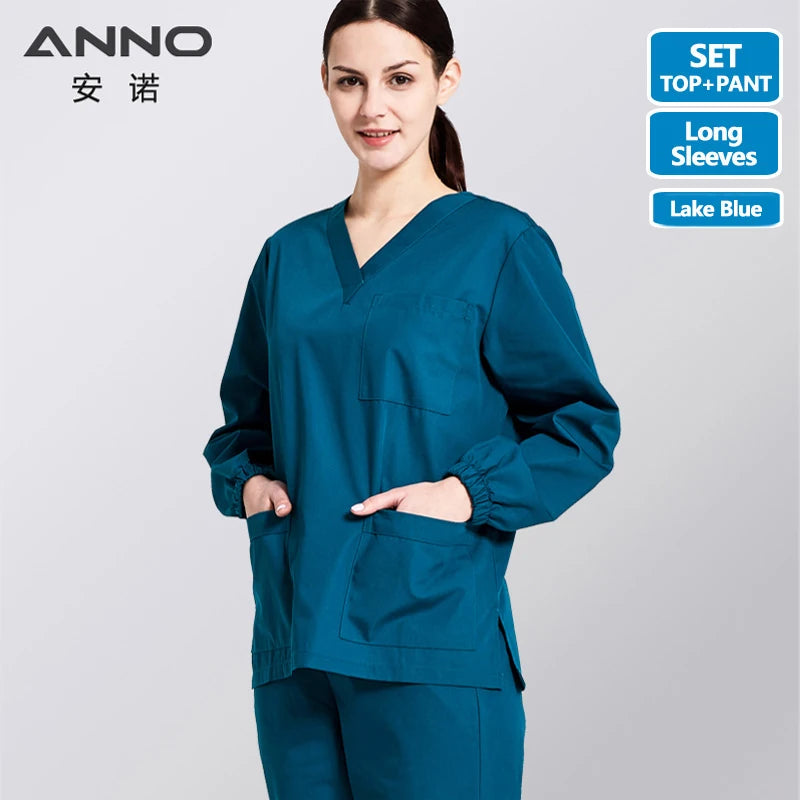 ANNO Solid Color Scrubs Set Work Cloths with Short/Long Sleeves Nursing Uniform Tops Trousers Nurse Suit Hospital Dress 09SS001-L-HuLan-Set