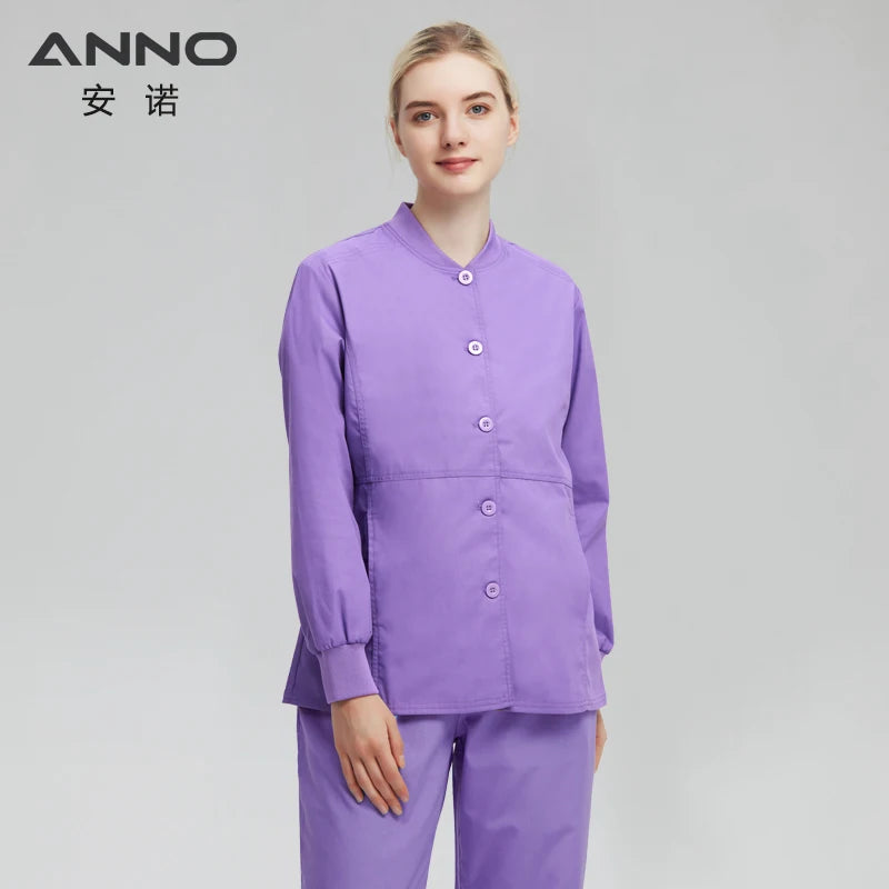 ANNO Long Sleeves Scrubs Jacket Outfit Nurse Unifrom Out Coat Doctor Shirt Out Wear Women Men Nursing Top Hospital Clothing A23-Dark Purple