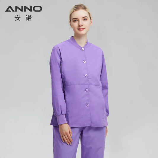ANNO Long Sleeves Scrubs Jacket Outfit Nurse Unifrom Out Coat Doctor Shirt Out Wear Women Men Nursing Top Hospital Clothing A23-Dark Purple