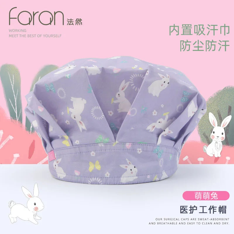 ANNO Cotton Caps Women Hospital Doctor Nurse Work Hats Bouffant Nursing Cap with Sweatband Long Hair Head Wear Chlorine Bleach FRP-01-X041