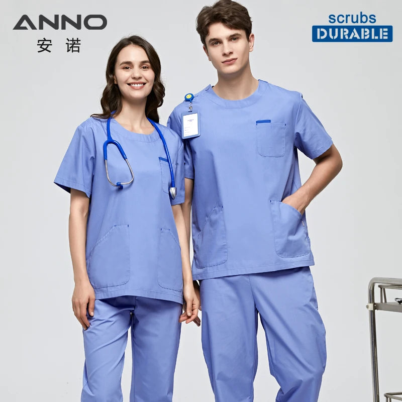 ANNO Blue Nurse Uniform Women Men Scrubs Suit Round Neck Dental Hospital Set Work Wear Short Sleeves Beauty Salon Clothing A13-Blue-Set