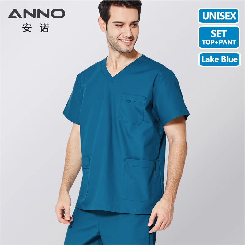 ANNO Scrubs Set with Short Sleeves Unisex Nursing Scrub Suit Women Men Nurse Uniform Clothing Clinic Uniforms Hospital Grown HuLan-Set