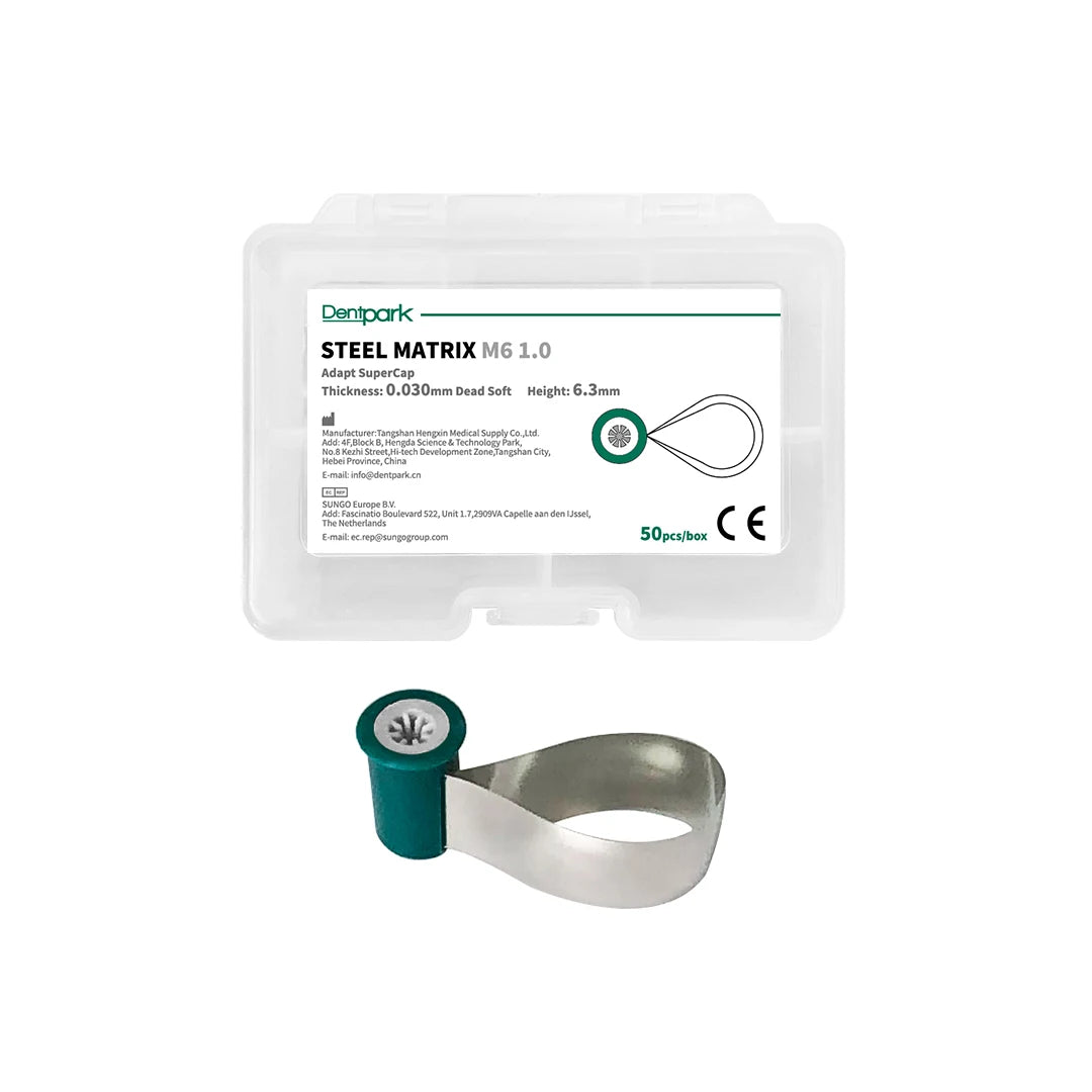 Dentpark Dental Stainless-Steel Matrix Bands M6, Double-Side Contoured, Anatomically Shaped, Knob Type, Dentistry Tool, 50Pcs