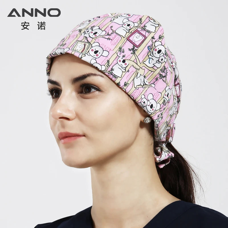 ANNO Cotton Scrub Caps Women Hospital Doctor Nurse Work Hats Nursing Cap Short or Long Hair Head Wear Animal Carton Print 01B-B26