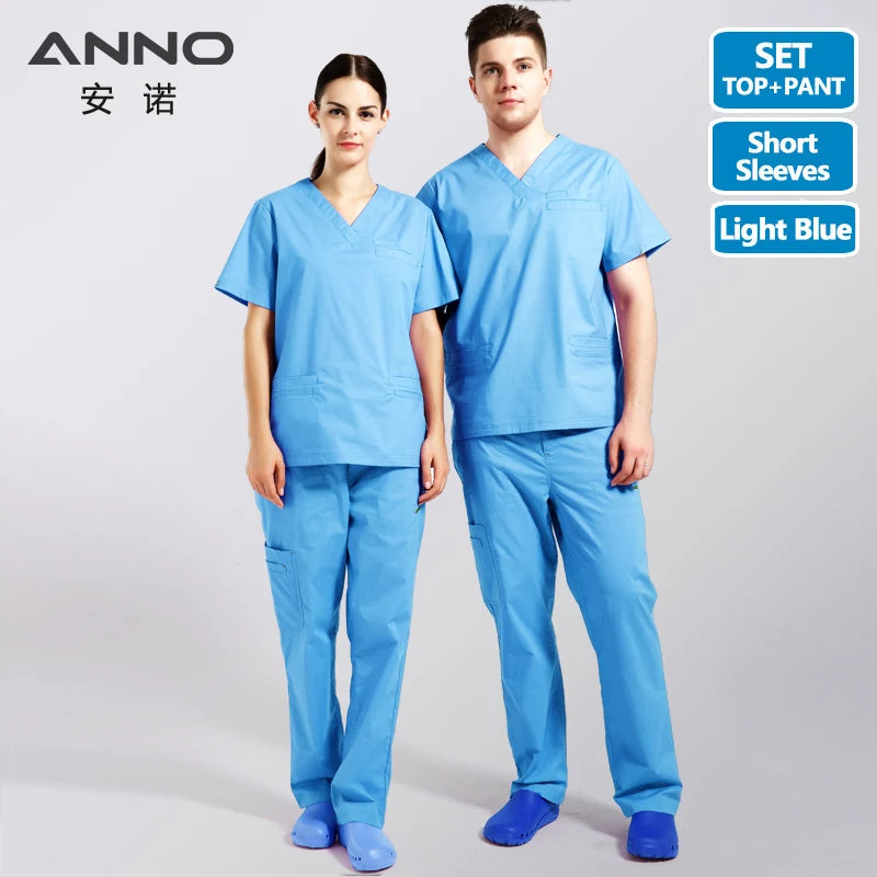 ANNO Elasticity Cotton Spandex Body Nurse Uniform For Women Men Scrubs Suit Dental Hospital Set Work Wear Beauty Salon Clothing TianLan-Short