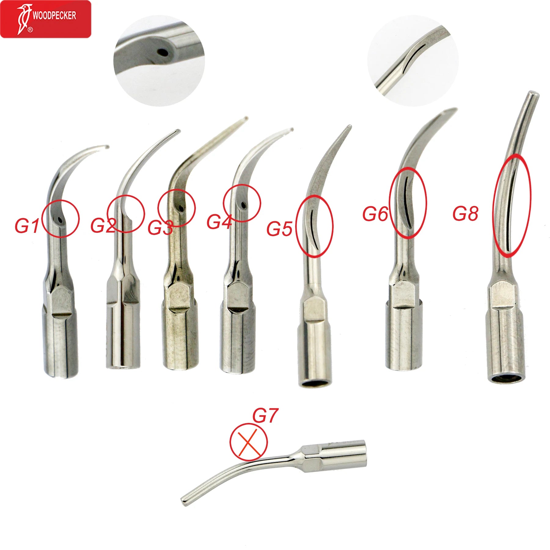 Original Woodpecker Dental Scaler Tips Ultrasonic Scaling Tip G1 G2 G3 G4 G5 G6 G7 G8 Fit For EMS UDS