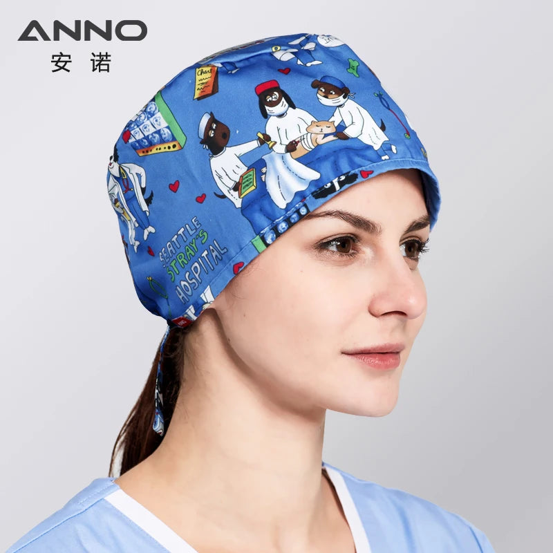 ANNO Disposable Cotton Caps Women Man Hat Clinic Hospital Doctor Nurse Work Hat Bouffant Printing Nursing Cap with Sweatband 01C-B41