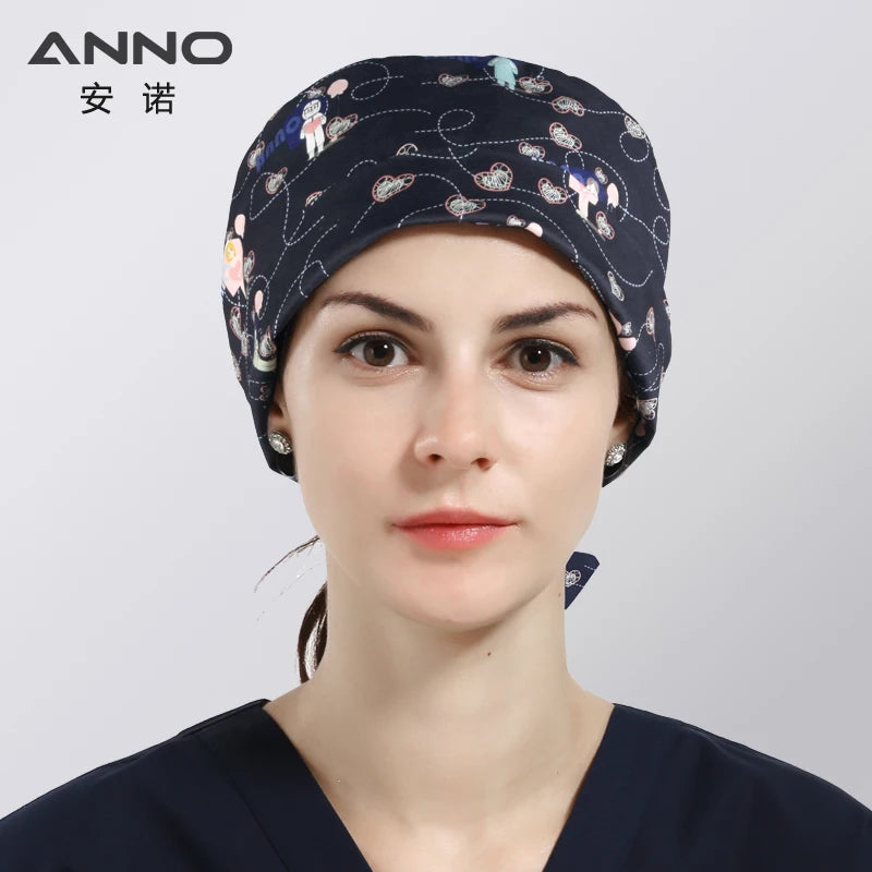ANNO Cotton Scrub Caps Women Hospital Doctor Nurse Work Hats Nursing Cap Short or Long Hair Head Wear Animal Carton Print 01B-B112