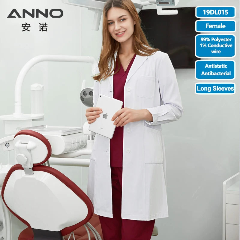 White Doctor Coats 99%Polyester 1%Conductive wire Antibacterial Anti-static Lab Uniforms Hospital Pharmacy Chemistry Gown 19DL015-Female