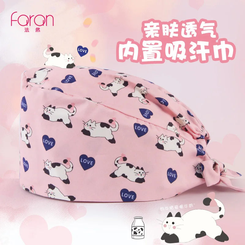 Faran Cotton Scrub Caps Women Men Dentist Hospital Doctor Work Surgical Hats Nursing Head Dress for Men Animal Carton Print FRH01-X053