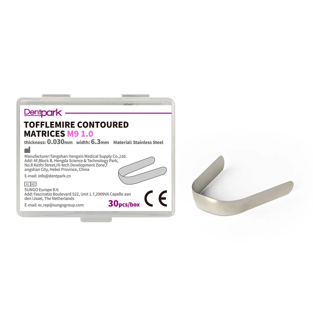 Dentpark 30pc Dental Tofflemire Double Contoured Matrices M9 Stainless Steel Premolar Molar Dentistry Matrix Bands 4 Sizes 0.030mm-6.3mm 30pcs