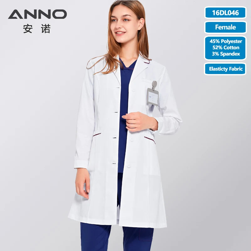 ANNO Long Sleeve Lab Uniforms With Spandex Elastic Work Out Wear Pharmacy Coat Chemistry Male Female White Doctor Gown 16DL046-Female