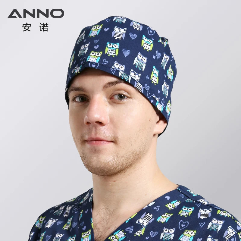 ANNO Disposable Cotton Caps Women Man Hat Clinic Hospital Doctor Nurse Work Hat Bouffant Printing Nursing Cap with Sweatband 01C-B30