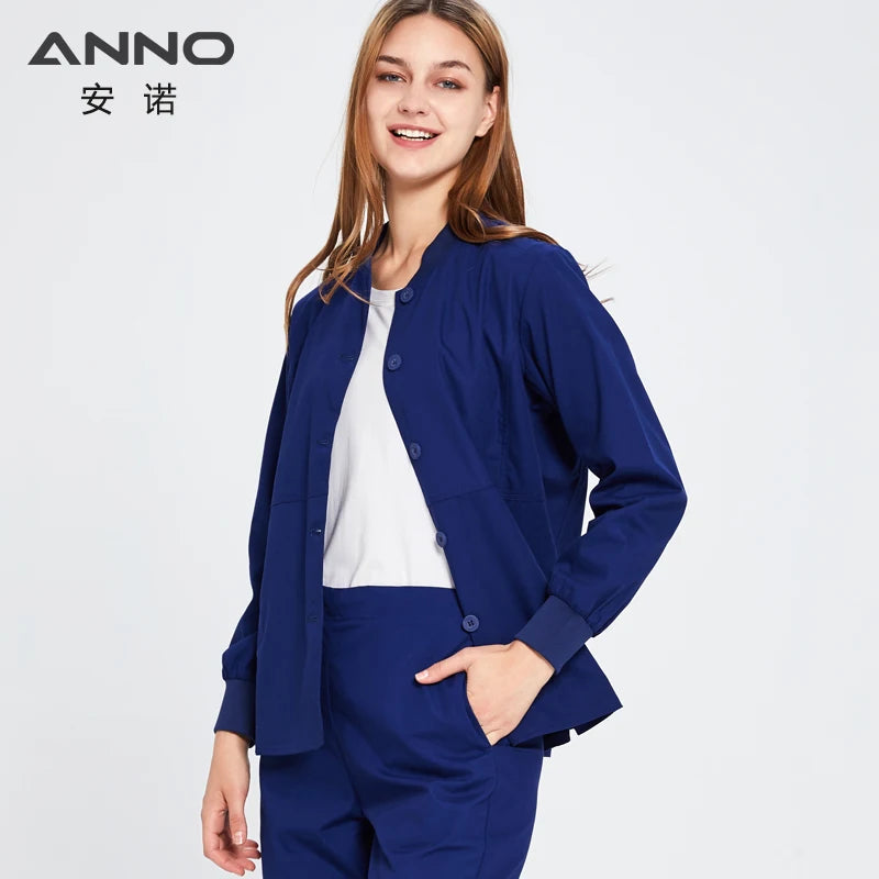 ANNO Long Sleeves Scrubs Jacket Outfit Nurse Unifrom Out Coat Doctor Shirt Out Wear Women Men Nursing Top Hospital Clothing