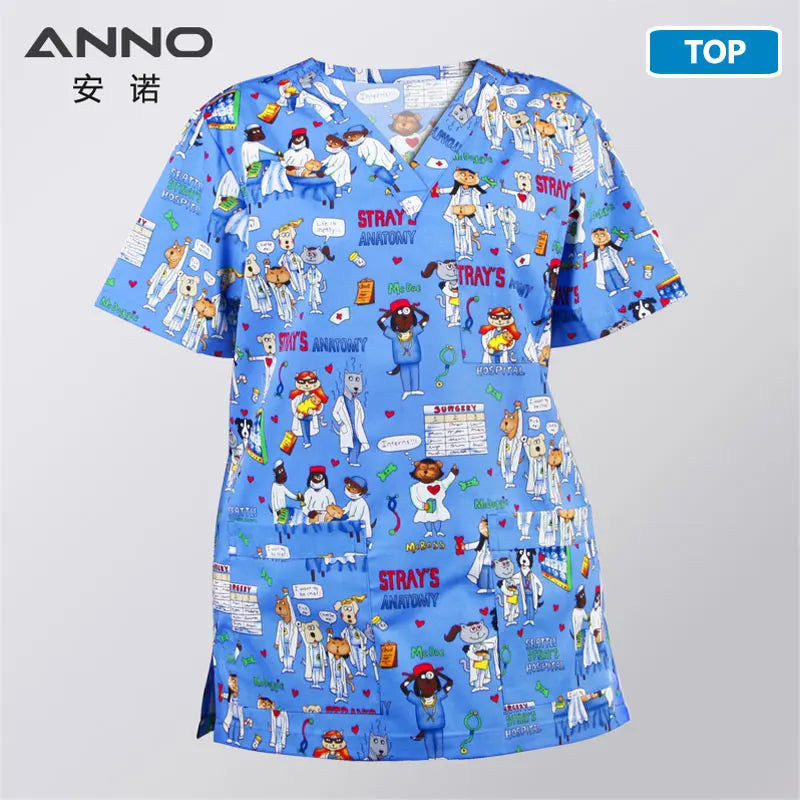 ANNO Hospital Staff Scrubs Top Medical Sanitary Nursing Uniform Dental Clinic Print Beauty Caregiver Coveralls B58