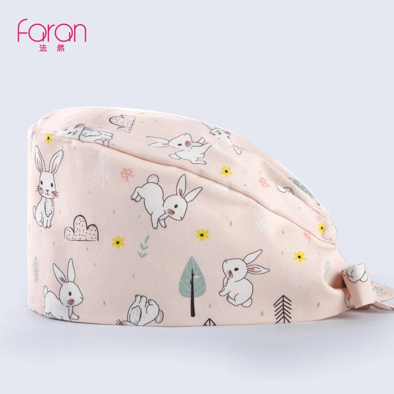 Faran Cotton Scrub Caps Women Men Dentist Hospital Doctor Work Surgical Hats Nursing Head Dress for Men Animal Carton Print FRH01-X073