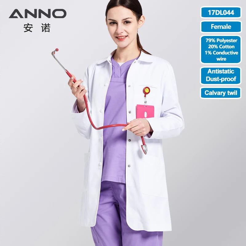 White Doctor Coats 99%Polyester 1%Conductive wire Antibacterial Anti-static Lab Uniforms Hospital Pharmacy Chemistry Gown 17DL044-Female