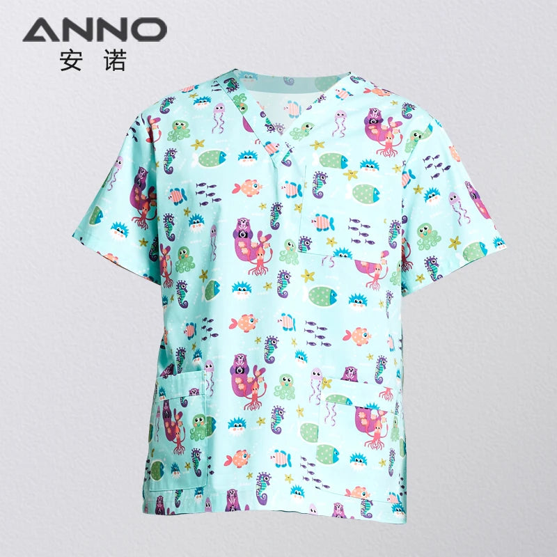 ANNO Hospital Staff Scrubs Top Medical Sanitary Nursing Uniform Dental Clinic Print Beauty Caregiver Coveralls B32