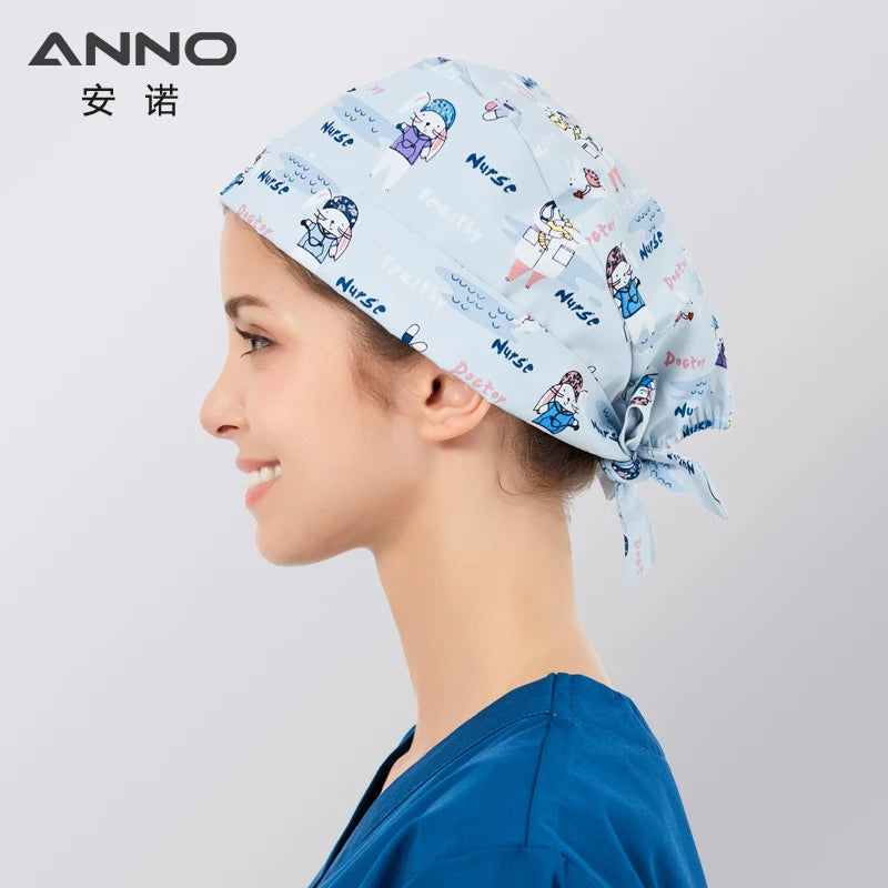 ANNO Cotton Scrub Caps Women Hospital Doctor Nurse Work Hats Nursing Cap Short or Long Hair Head Wear Animal Carton Print 01B-B101