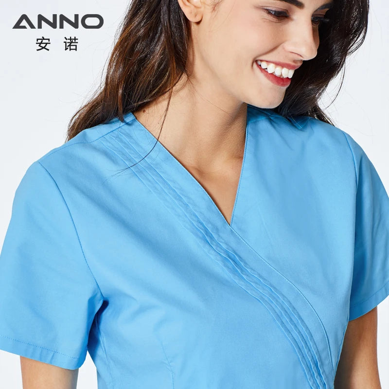 ANNO Nurse Suit Blue Medical Uniform Set With Spandex Stretchable Doctor Suit for Women Hospital Dental Cloths Surgical Dress