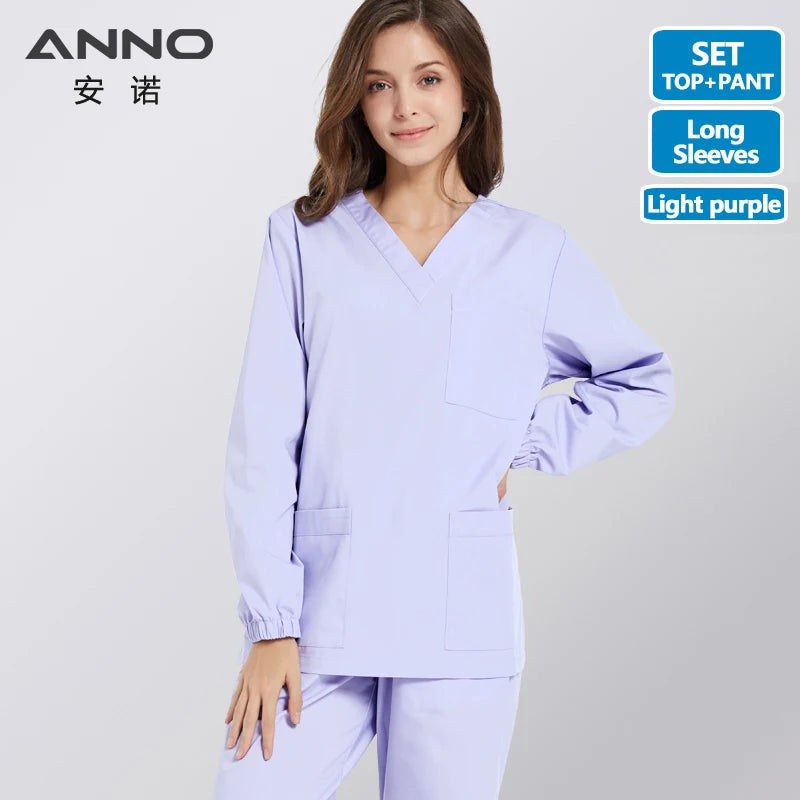 ANNO Solid Color Scrubs Set Work Cloths with Short/Long Sleeves Nursing Uniform Tops Trousers Nurse Suit Hospital Dress 09SS001-L-DanZi-Set