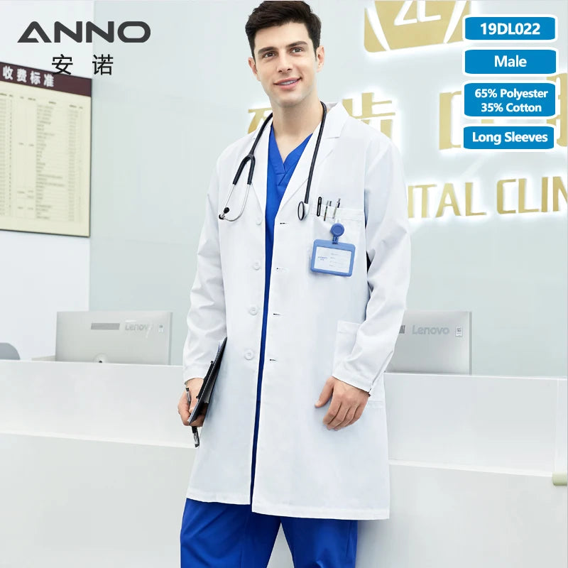 ANNO White Doctor Medical Coat Unisex Lab Uniforms Dentistry Clinic Overall Pharmacy Chemistry Medico Gown 19DL022-Male