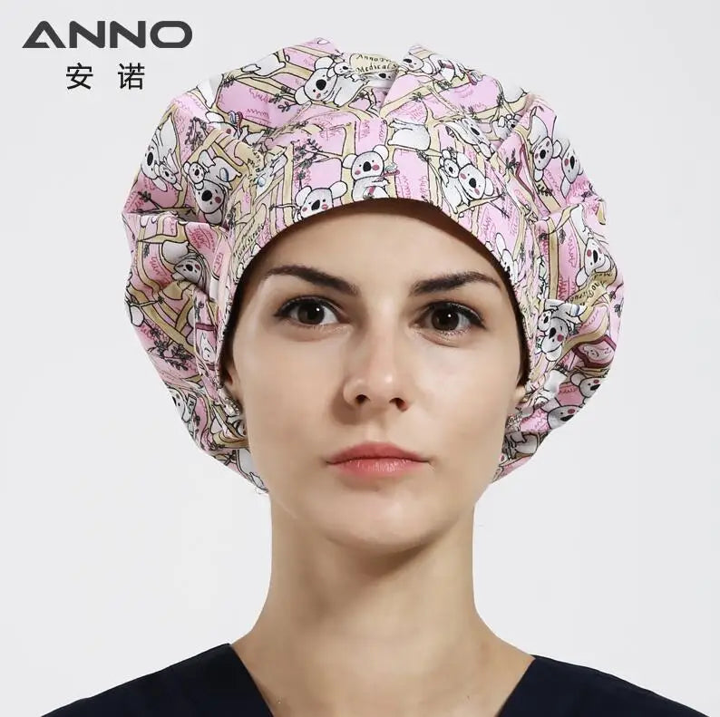 ANNO Cotton Caps Women Hospital Doctor Nurse Work Hats Bouffant Nursing Cap with Sweatband Long Hair Head Wear Chlorine Bleach 01A-B26
