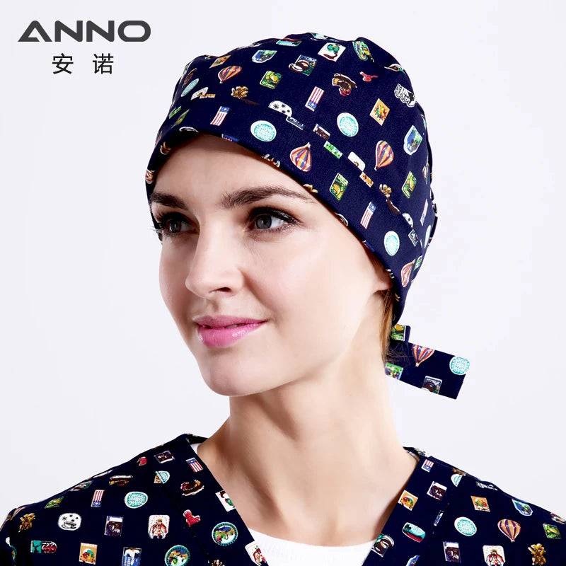 ANNO Cotton Scrub Caps Women Hospital Doctor Nurse Work Hats Nursing Cap Short or Long Hair Head Wear Animal Carton Print 01B-B07