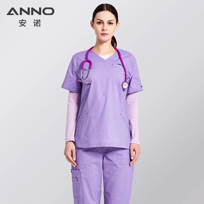 ANNO Cotton Scrubs Set Body Elasticity Nurse Uniform with Spandex Slim fit Fashion Nursing Dress Beauty Salon Work Wear T01-Purpel-Set