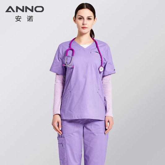 ANNO Cotton Scrubs Set Body Elasticity Nurse Uniform with Spandex Slim fit Fashion Nursing Dress Beauty Salon Work Wear T01-Purpel-Set