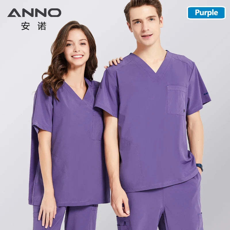 ANNO Nurse Uniform Non Stick Hair Fabric Pet Hospital Clothes Scrubs Set Work Doctor Suit Stretch Elasticity Cool Material PuTaoZi-Set-Short