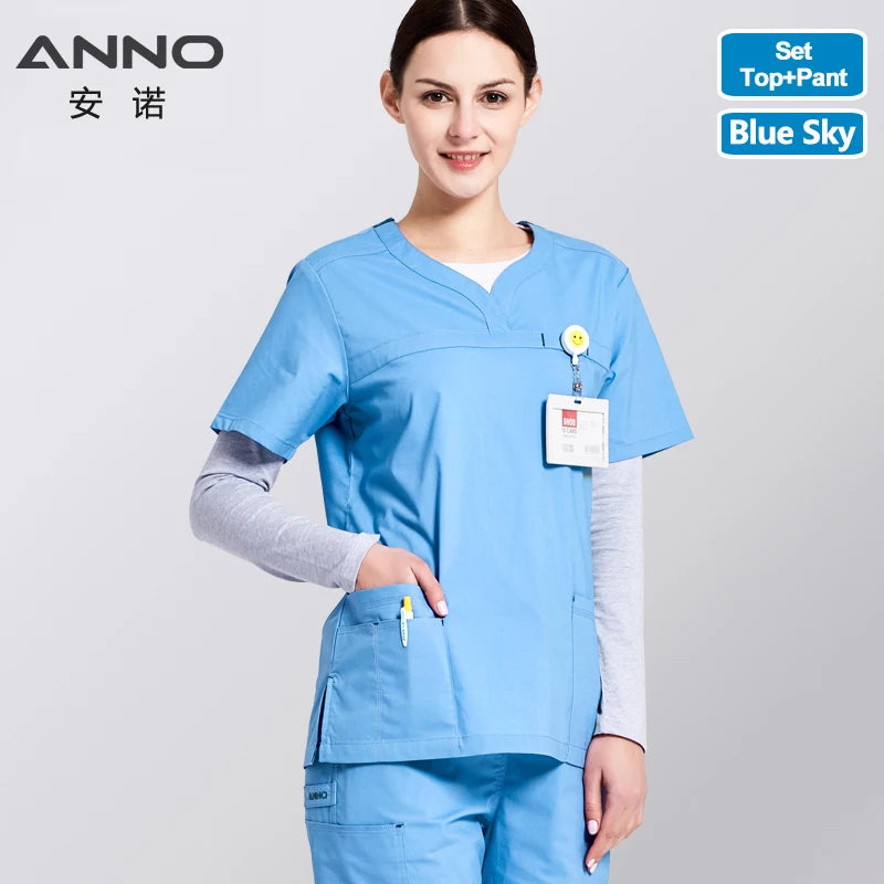 ANNO Nursing Uniforms Elastic Spandex Clinics Suit Female Male Scrubs Hospital Clothing Breathable Cloth Heathy Beauty Wear T06-Sky Blue-Set