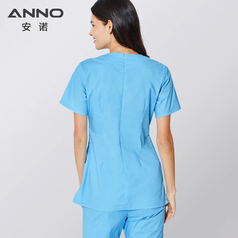 ANNO Nurse Suit Blue Medical Uniform Set With Spandex Stretchable Doctor Suit for Women Hospital Dental Cloths Surgical Dress