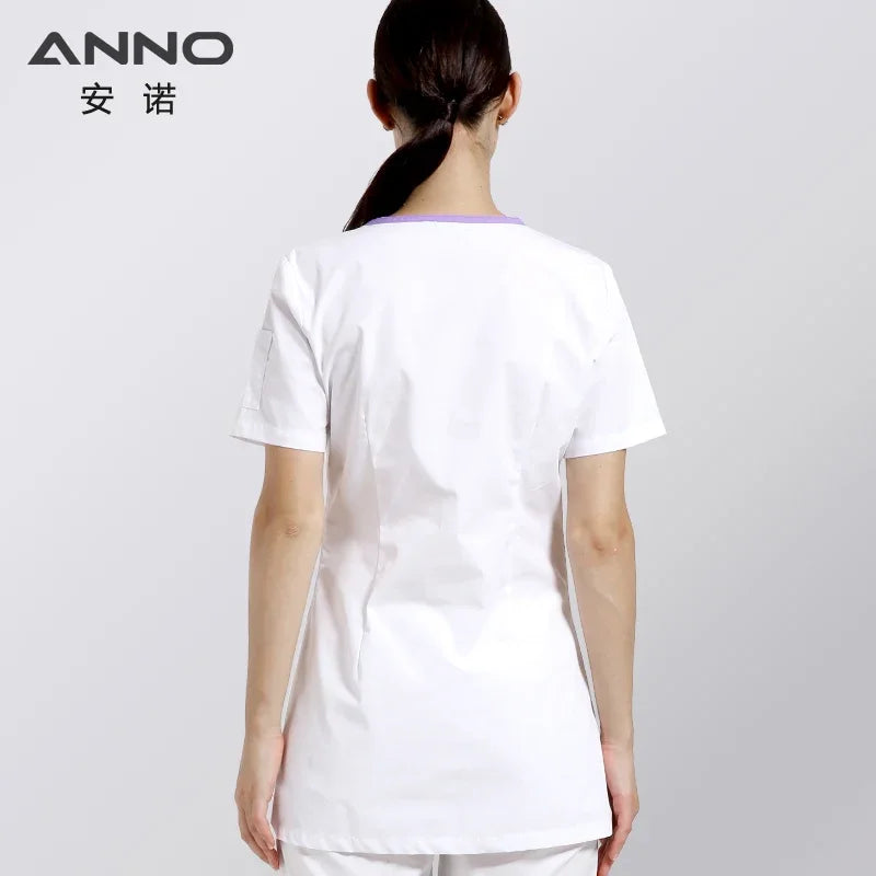 ANNO White Short Sleeves Nurse Uniforms Cotton Scrubs For Women Slim Fit O Neck Summer Beauty Salon Uniforms Clothing