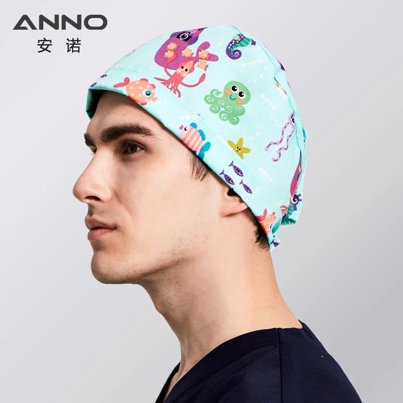 ANNO Cotton Scrub Caps Women Hospital Doctor Nurse Work Hats Nursing Cap Short or Long Hair Head Wear Animal Carton Print 01B-B32