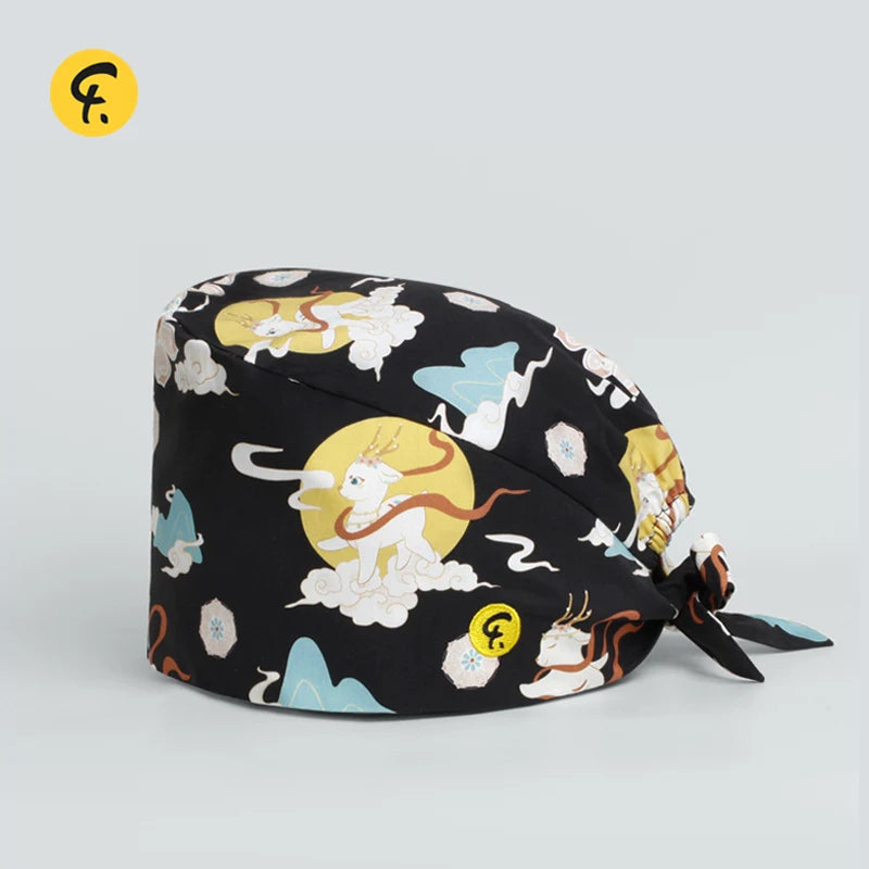 100% Cotton Scrub Caps Wth Sweatband Unisex Dentist Hospital Doctor Work Surgical Hats Man Women Carton Print Nursing Head Dress FRH01-X140