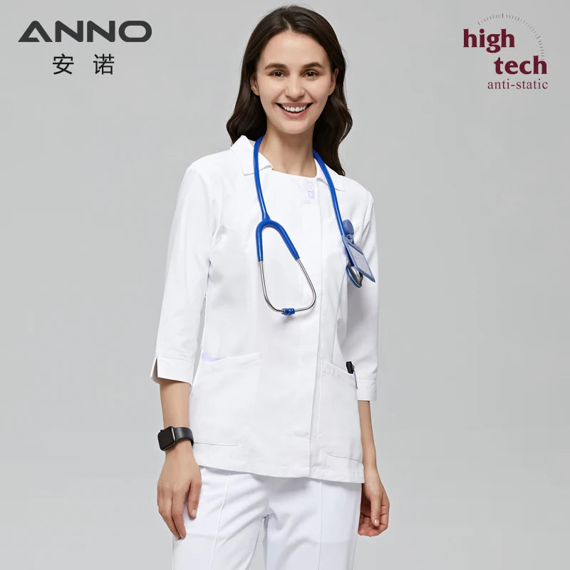ANNO White Scrubs Set Antibacterial Anti-static with 1% Conductive Nursing Nurse Suit Hospital Dress Clothes Paramedic Uniforms A01-Light Purple-Set