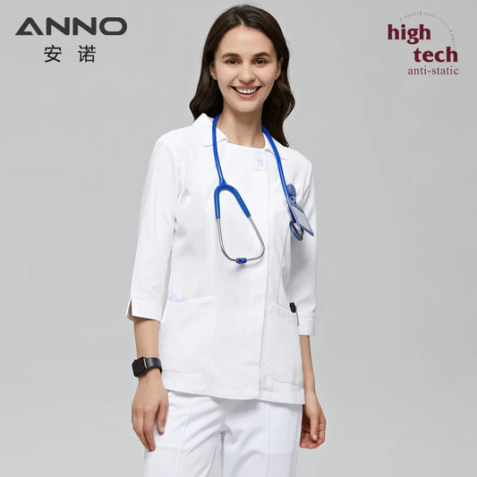 ANNO White Scrubs Set Antibacterial Anti-static with 1% Conductive Nursing Nurse Suit Hospital Dress Clothes Paramedic Uniforms A01-Light Purple-Set