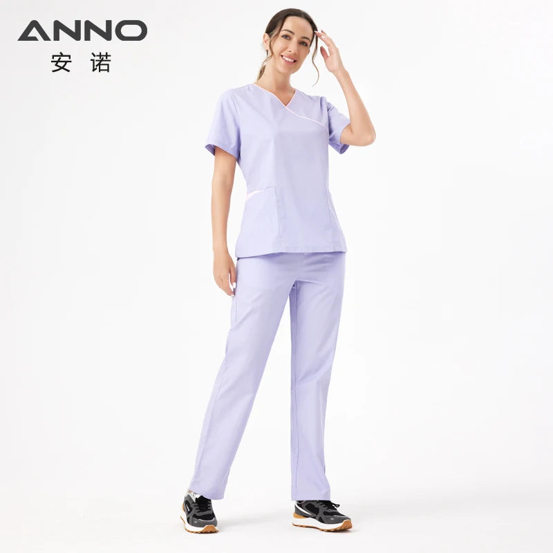 ANNO Adjustable Waist Nurse uniform Women Scrubs Set Nursing Form Dentistry Cloths Hospital Paramedic Clothes A01-Light Purple-Set