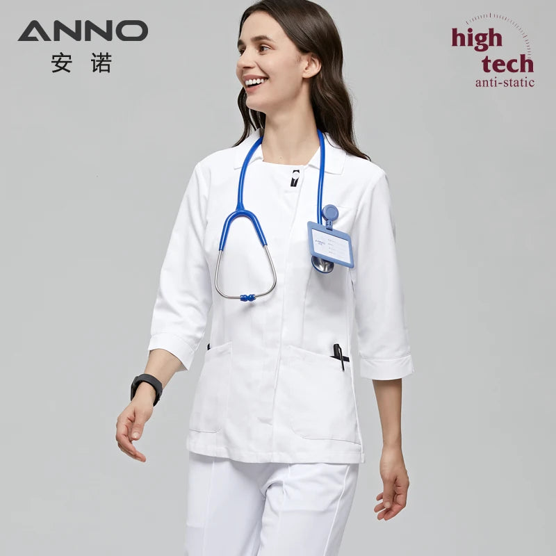 ANNO White Scrubs Set Antibacterial Anti-static with 1% Conductive Nursing Nurse Suit Hospital Dress Clothes Paramedic Uniforms