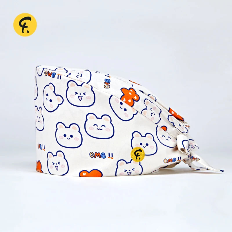 100% Cotton Medical Scrub Caps Women Men Dentist Hospital Doctor Work Surgical Hats Nursing Head Dress Carton Print FRH01-X129